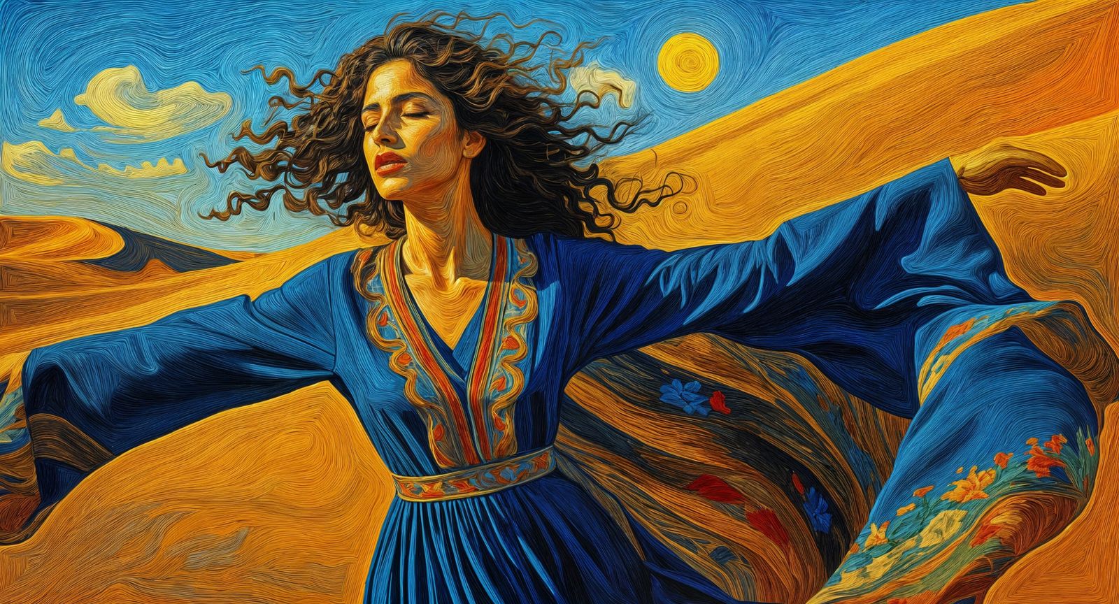 Palestinian Woman in Desert Under Van Gogh Sky