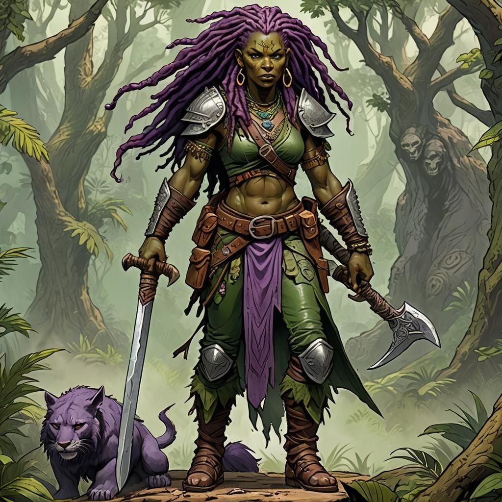 Earth Genasi Barbarian Woman in Jungle Armor