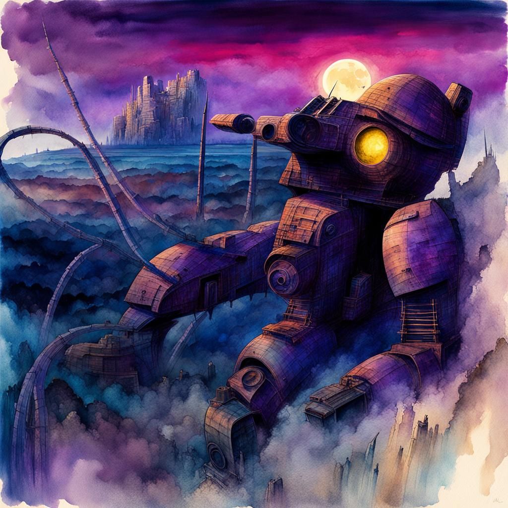 Apocalyptic Landscape with Destroyed Tank in Watercolor