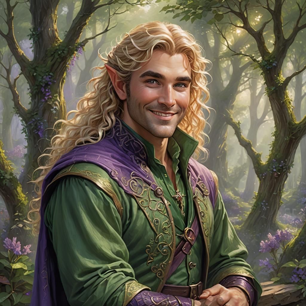 Smiling Half-Elven Bard in Ethereal Fantasy Style
