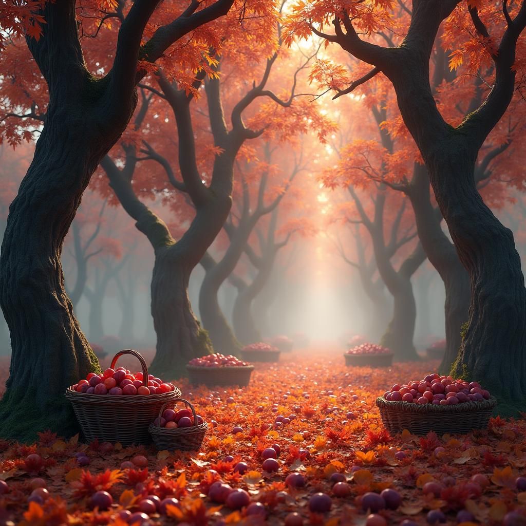 Mystical Plum Orchard in Autumn Mist: Matte Painting
