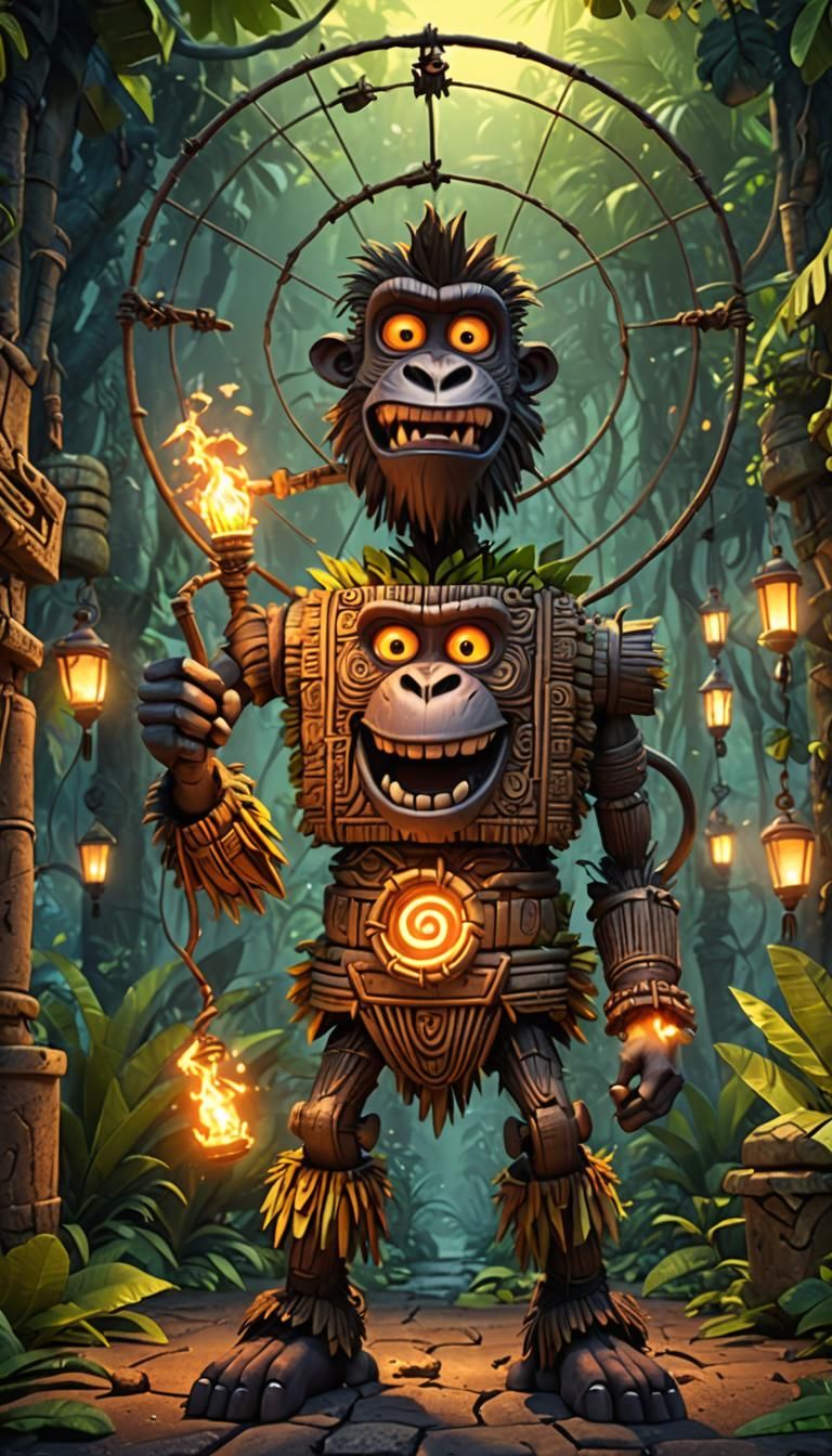 Monkey Tiki Monster in Jungle: Pixar Style 3D Art