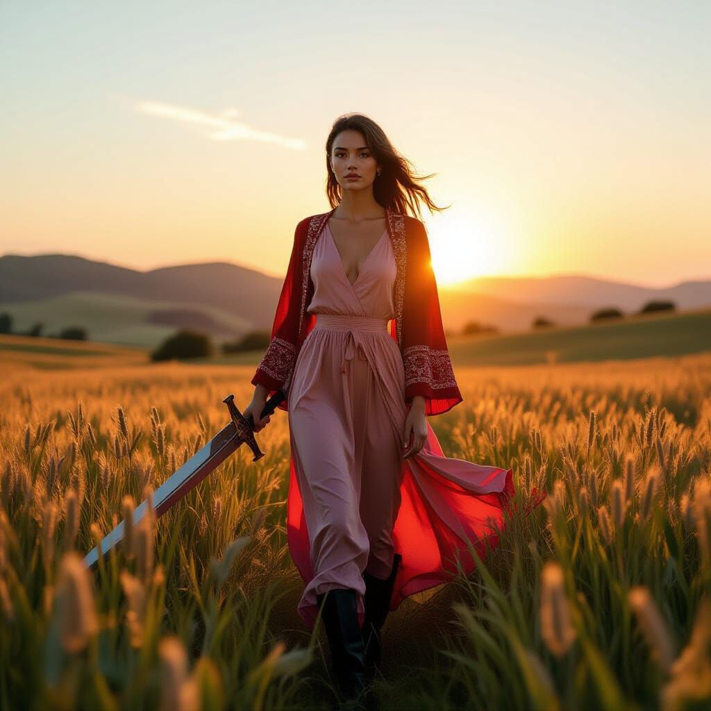 Woman in Futuristic Armor at Sunrise