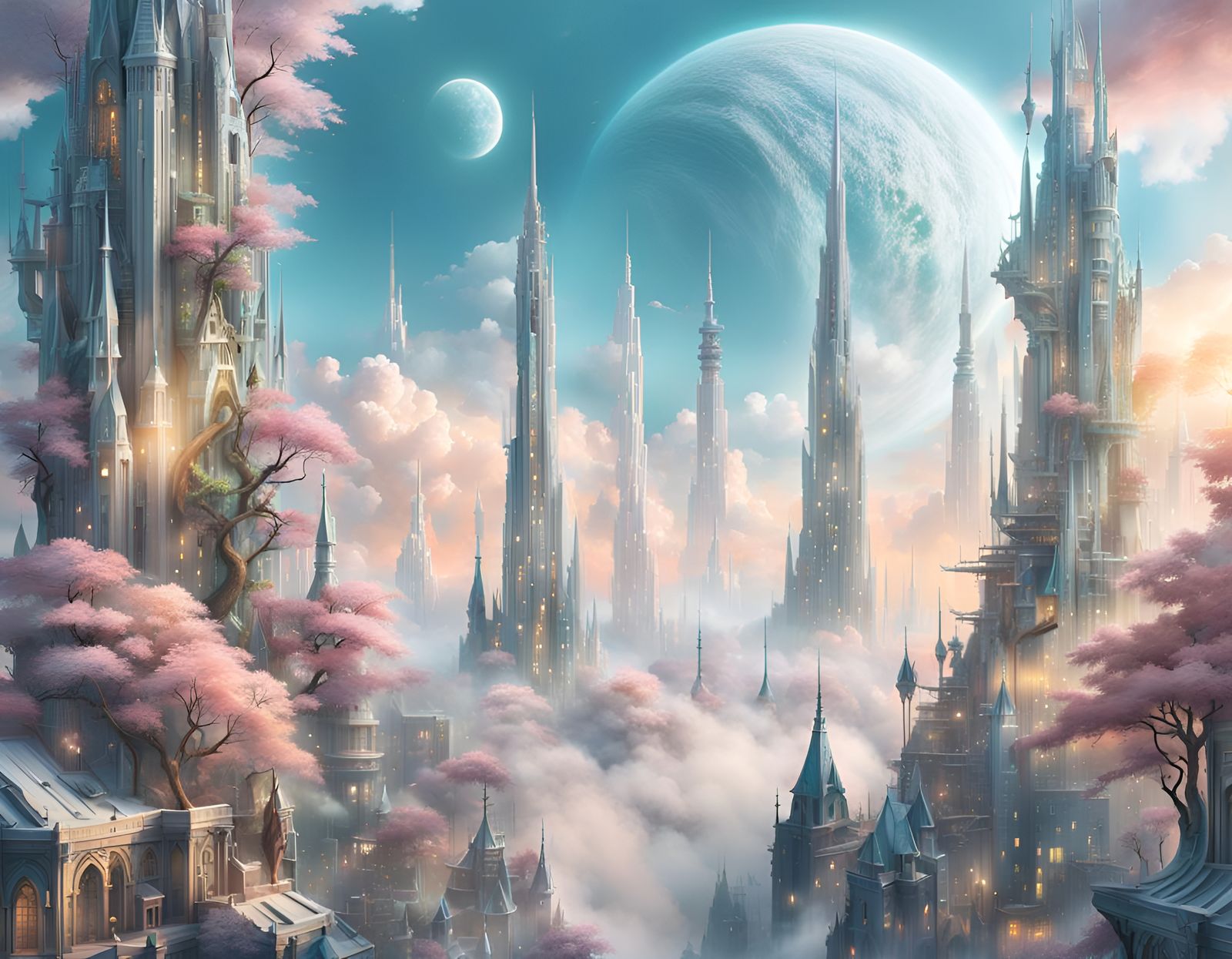 Daytime Cloud City with Glass Trees in Pastel Colors