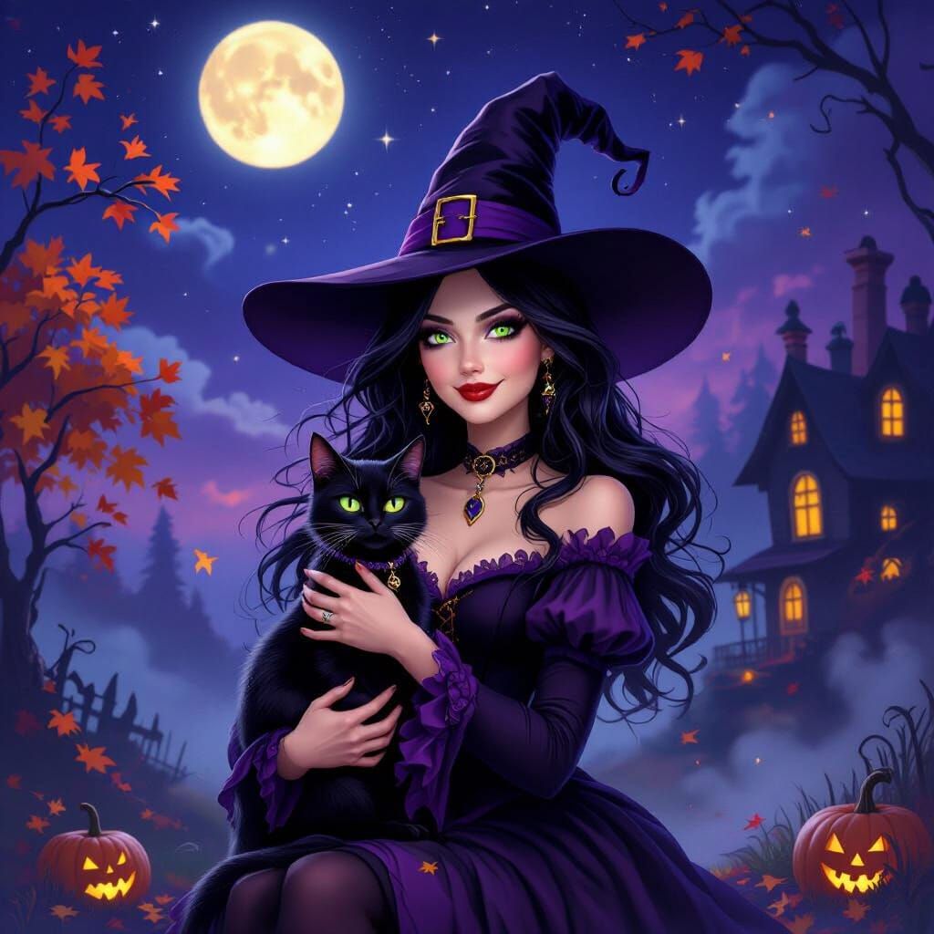 Mysterious Witch and Black Cat in Autumn Night