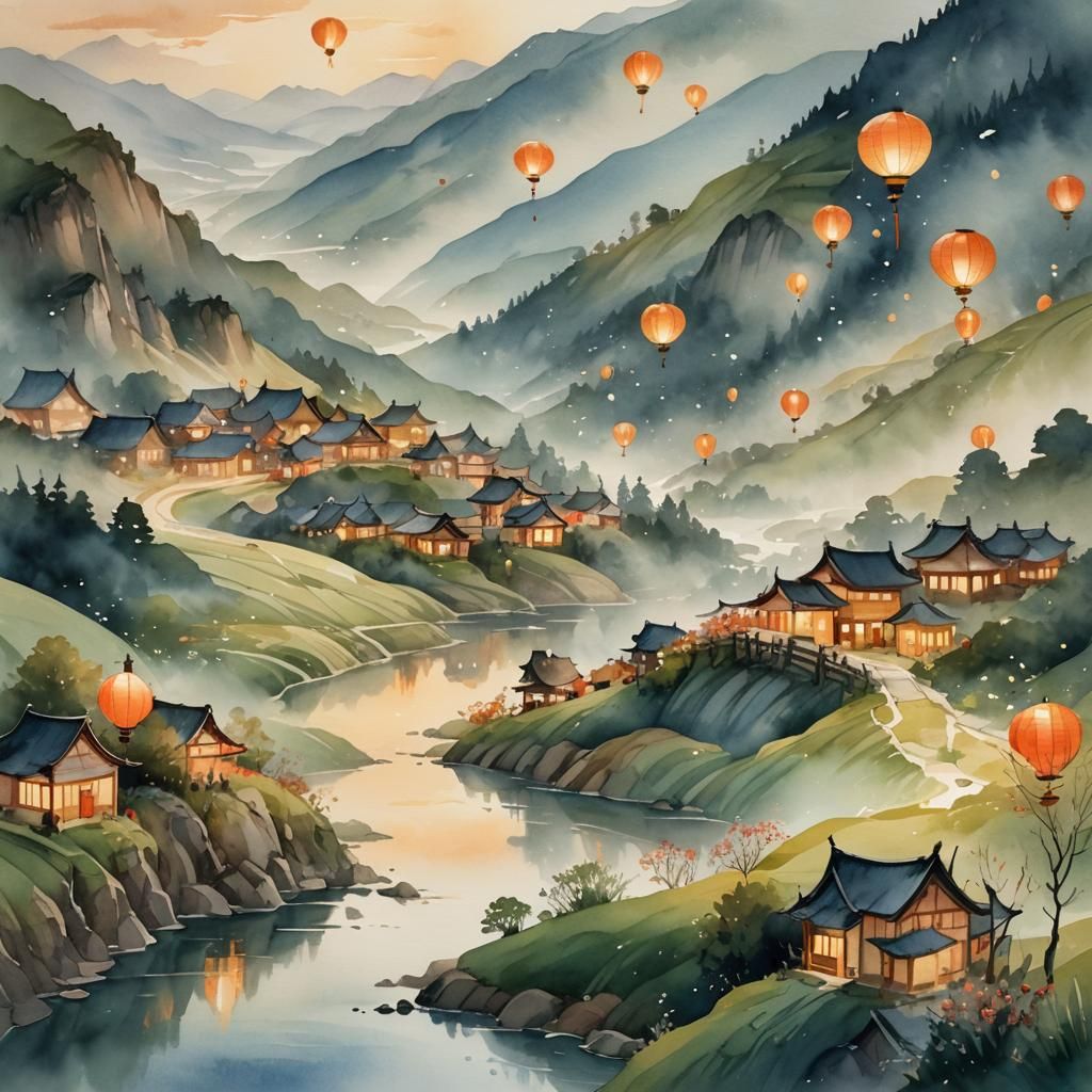 Village of Floating Lanterns in Fantasy Landscape