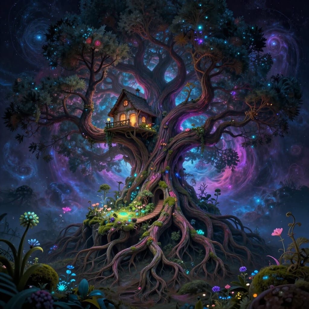 Cosmic Treehouse in Nebula with Fractal Patterns