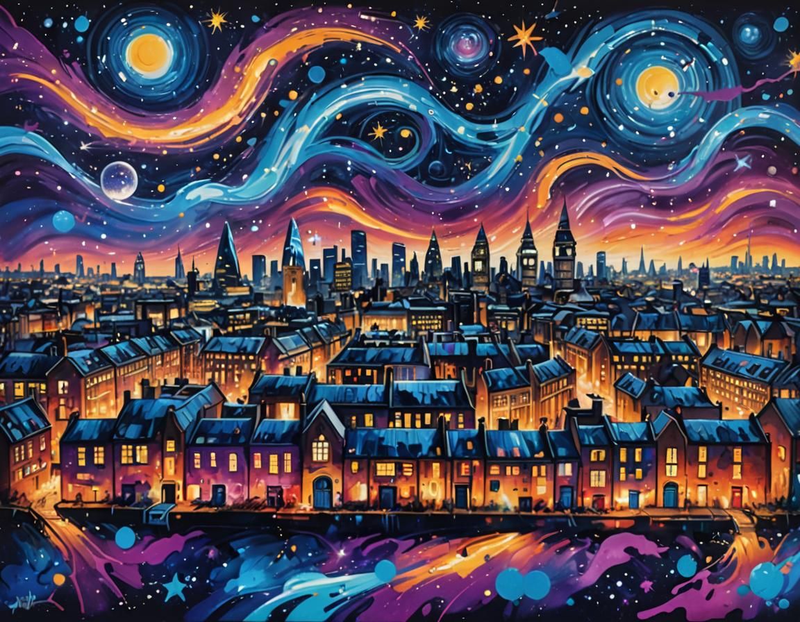 Starry London Skyline in Graffiti Art Style