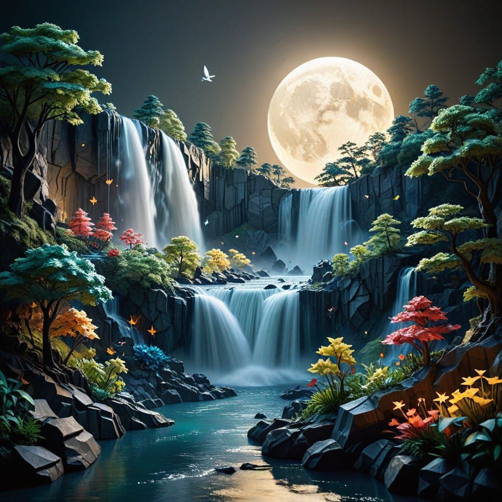 Whimsical Niagara water falls and other landscape at night moon