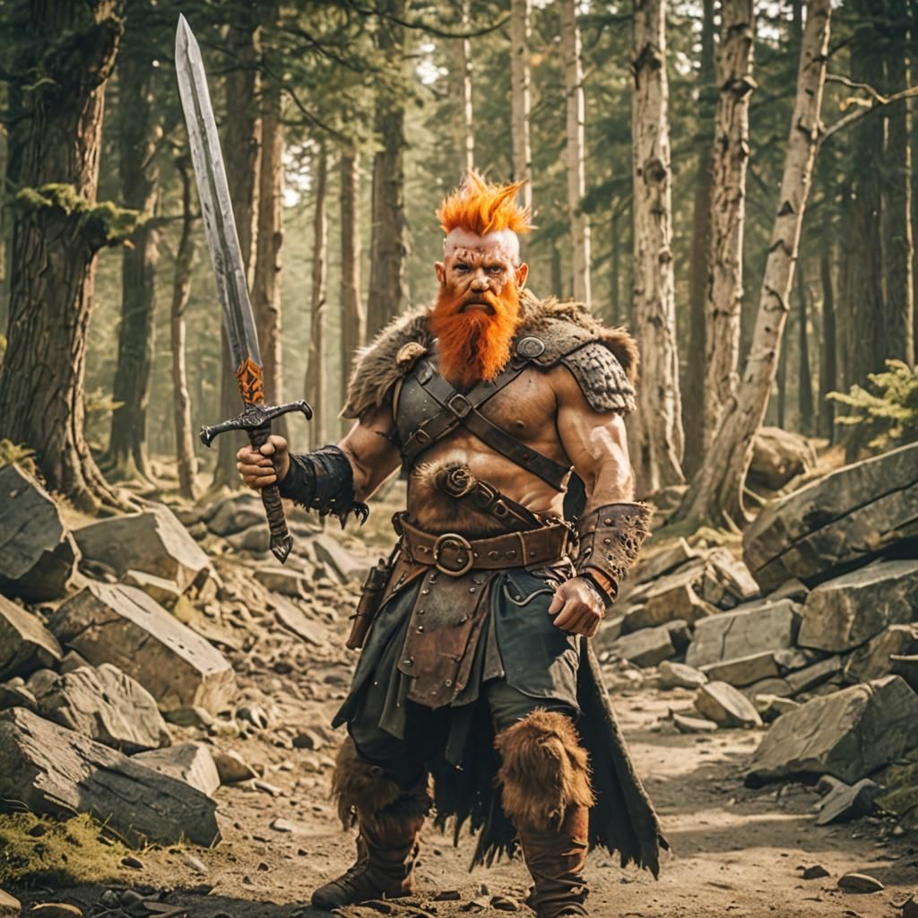 Dwarven Barbarian Wielding Magical Claymore in Action Pose
