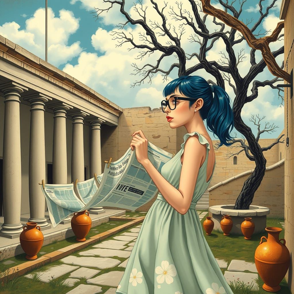 Mysterious Woman Hangs Newspapers in Ancient Ruin Patio