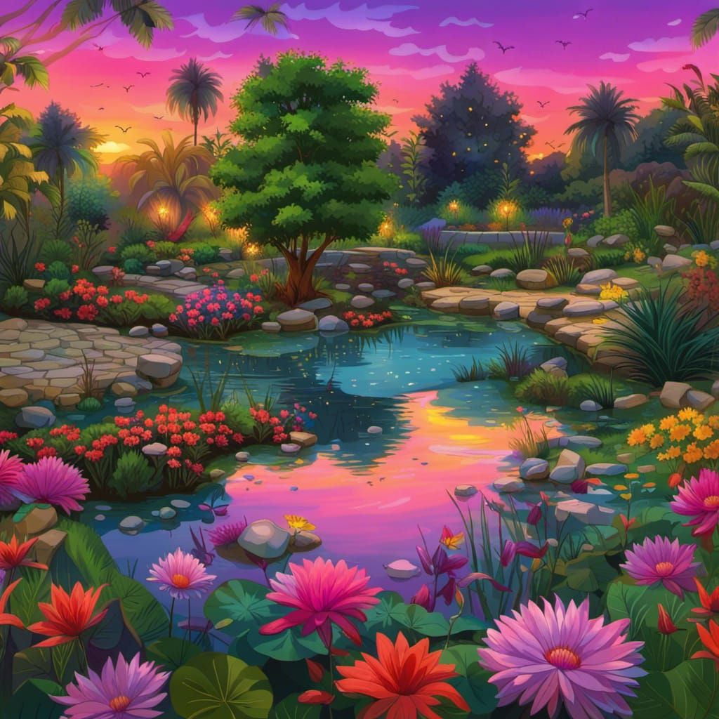 Oasis Pond at Sunset: A Colorful Evening