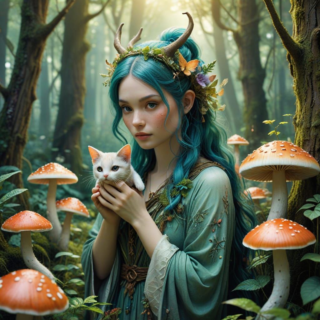 forest dryad girl pets her chibi neko fey creatures