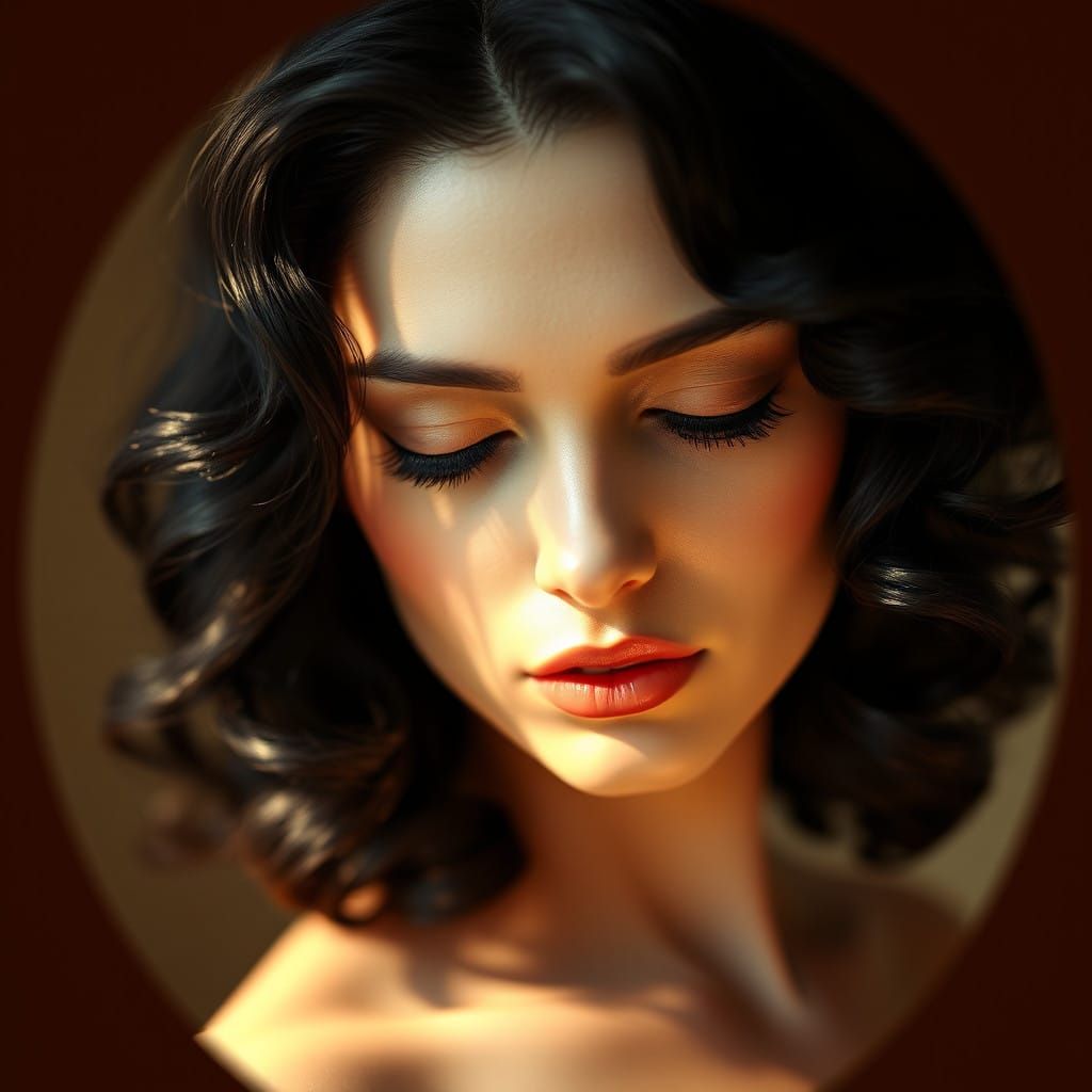 Classic Italian-Style Portrait of a Curly Black-Haired Beaut...