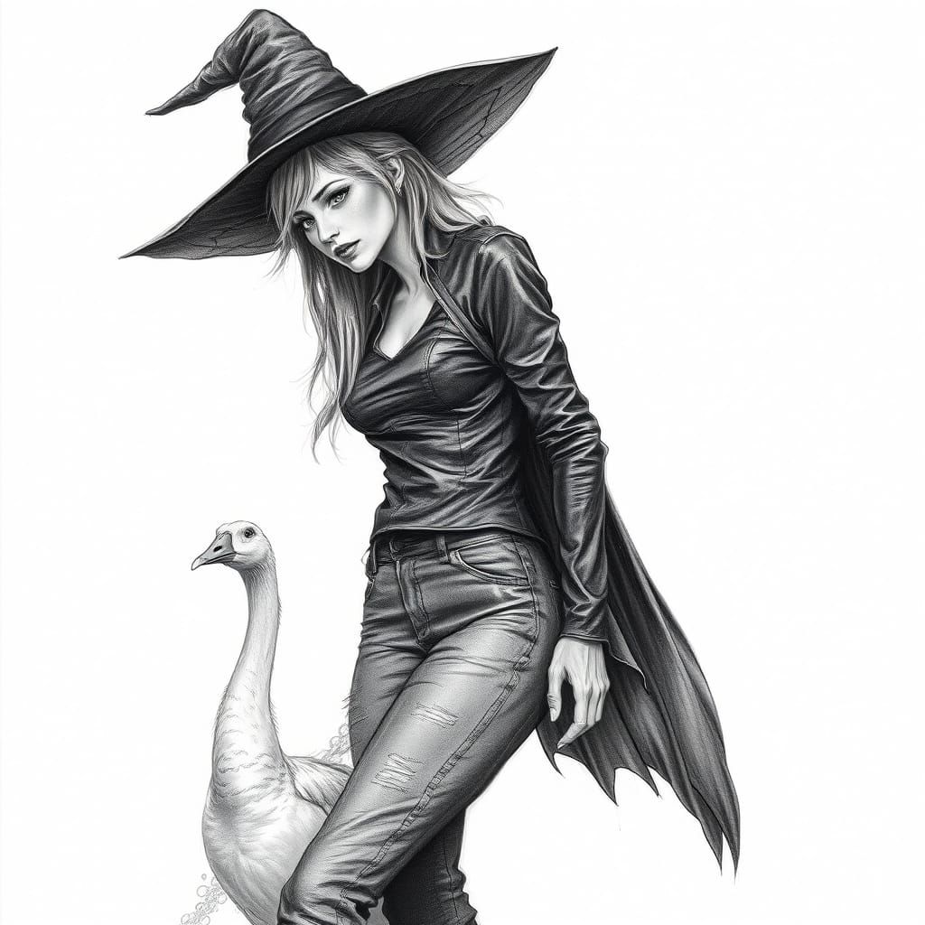 Modern Witch with Goose in Charcoal Drawing