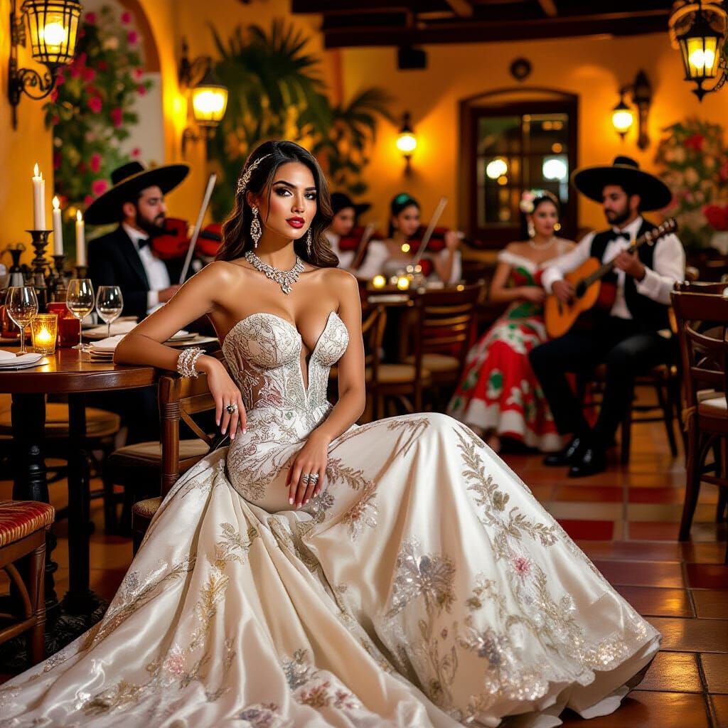 Elegant Woman in Candlelit Mexican Restaurant, Art Nouveau S...