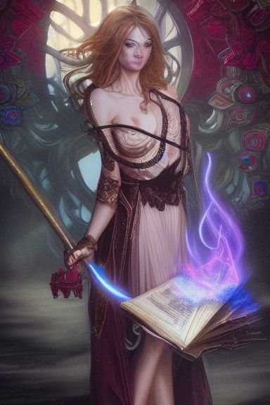 Beautiful Sorceress Casting Magic: Digital Art