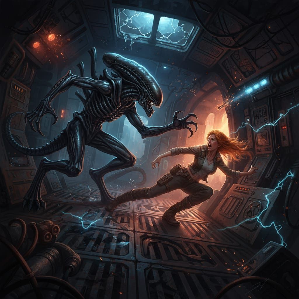 Alien Chases Woman on Spaceship in Dramatic Lighting