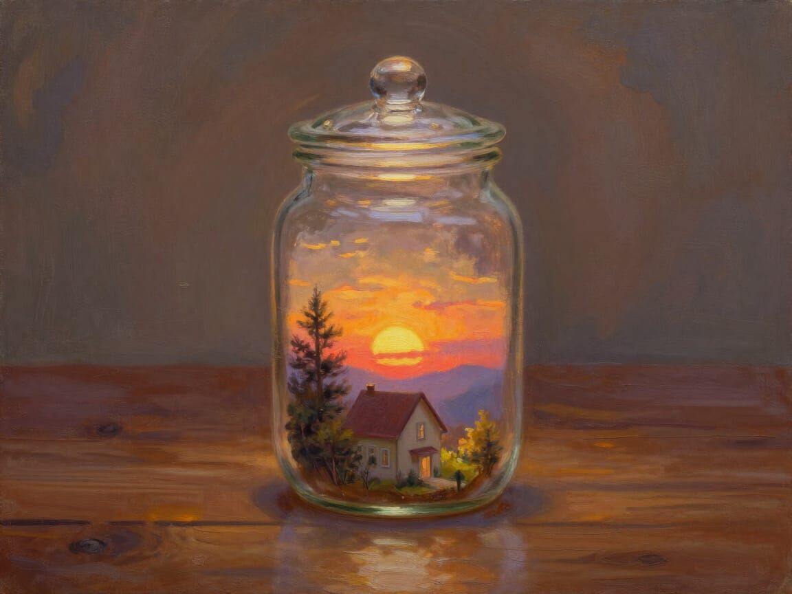 Magical Memory Jar with Miniature Sunset and House
