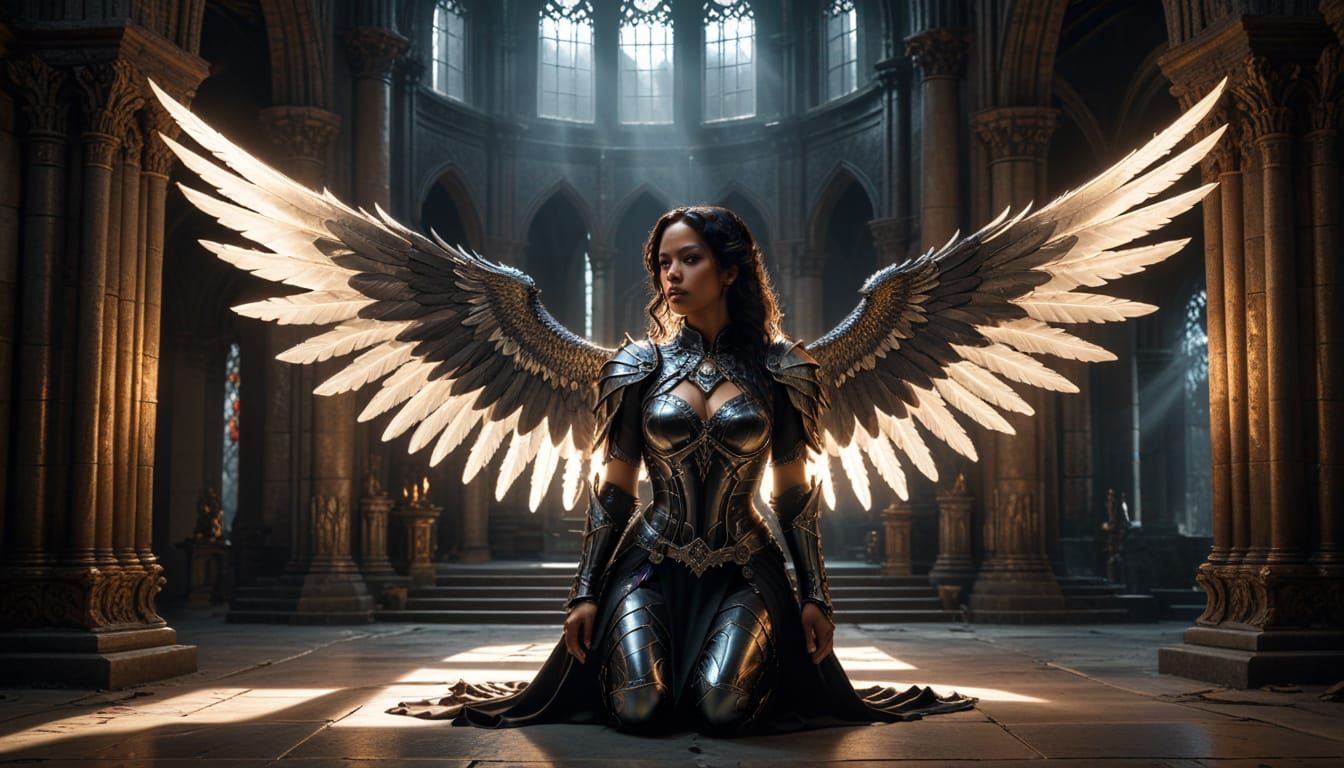 Dominican Woman Kneels in Gothic Temple with Angelic Wings