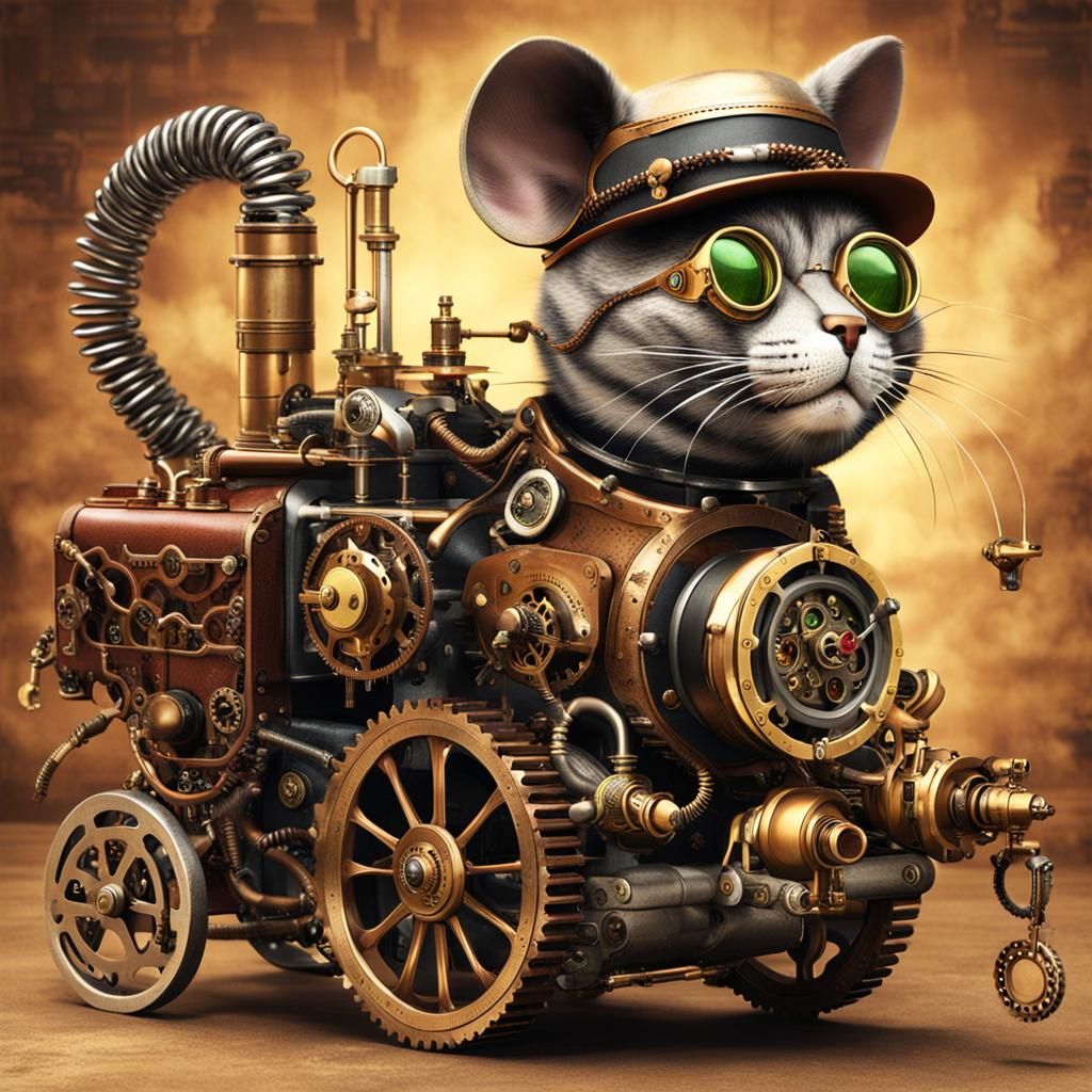 Steampunk Robotic Cat Pursues Steampunk Mouse