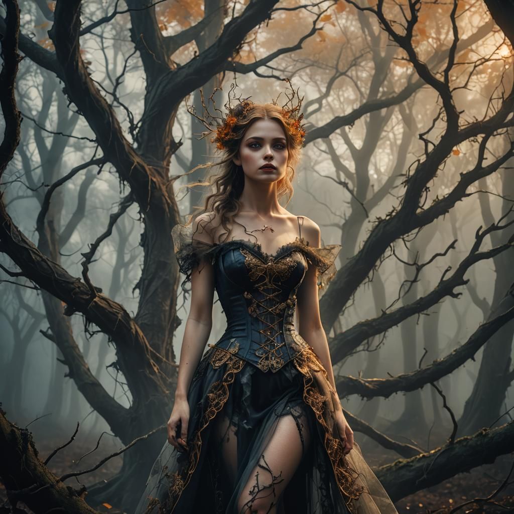 Angelic Fairy in Misty Woods, Baroque Fantasy Art