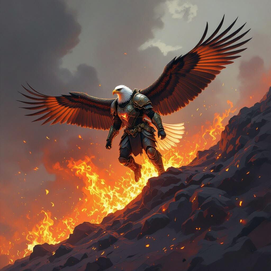 Armored Eagle Soaring from Fire Mountain, Dystopian Art