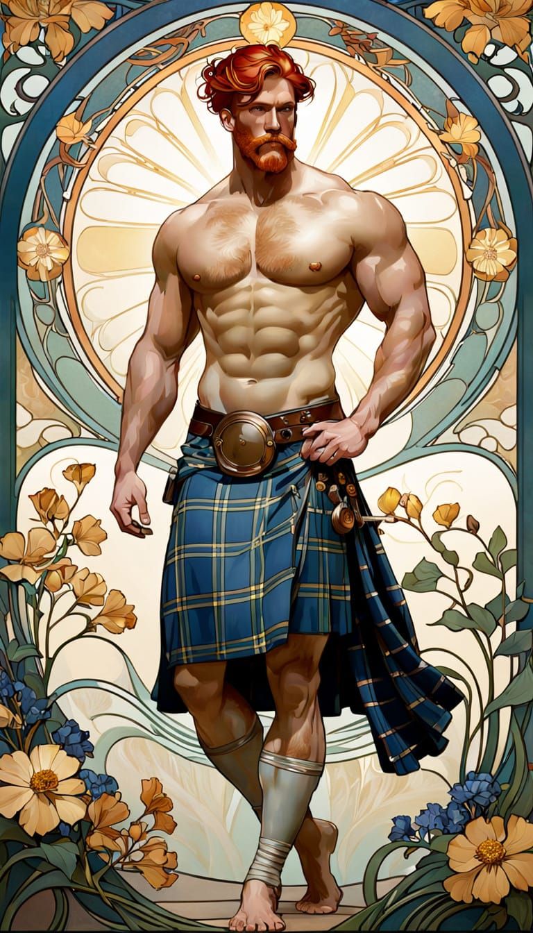 Art Nouveau Redhead in Kilt with Floral Accents
