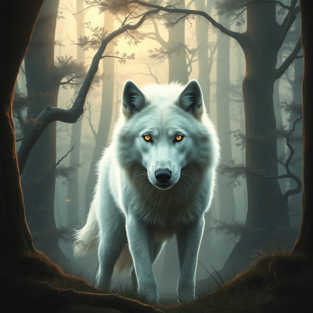 Majestic White Wolf Emerges from Misty Forest