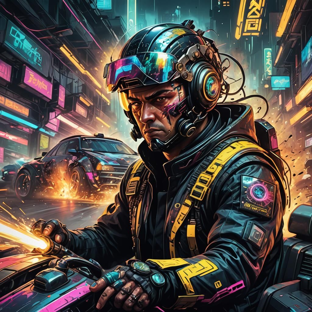 Cyberpunk Driver Expels Noxious Fumes in Neon-Lit Portrait