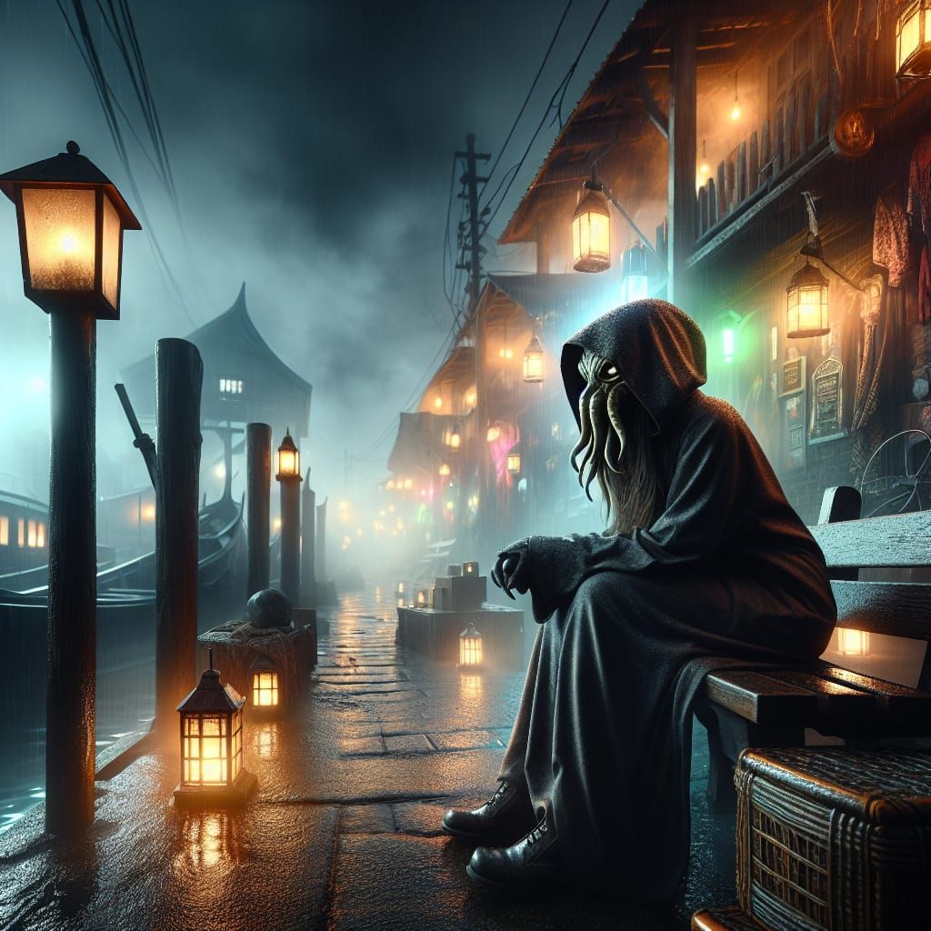Eerie Hooded Figure on Foggy Quay