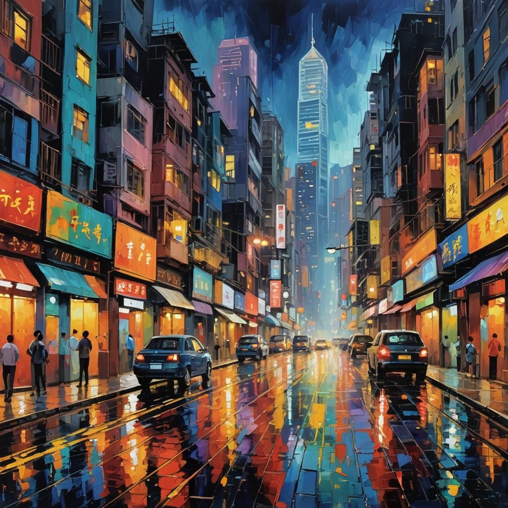 Hong Kong Nightscape in Neo-Impressionist Style