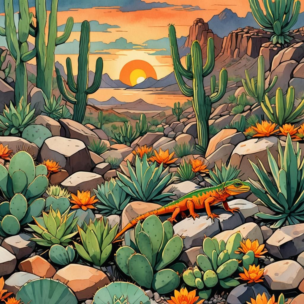 Mystical Desert Lizard in Watercolor Pop Art