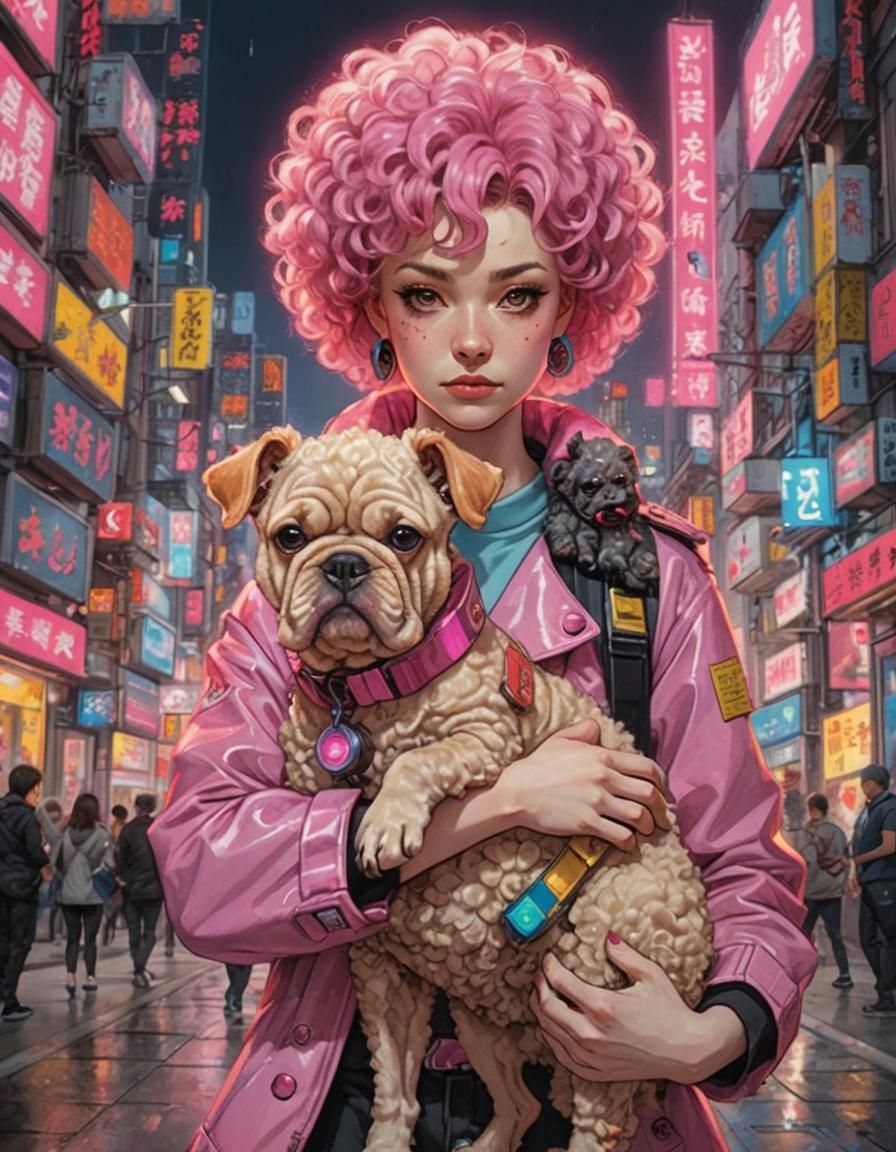 Cyberpunk Poodle Lady with Bulldog, Anime Portrait