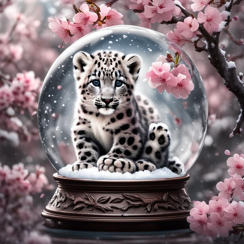 Snow Leopard Cub's Cherry Blossom Snow Globe