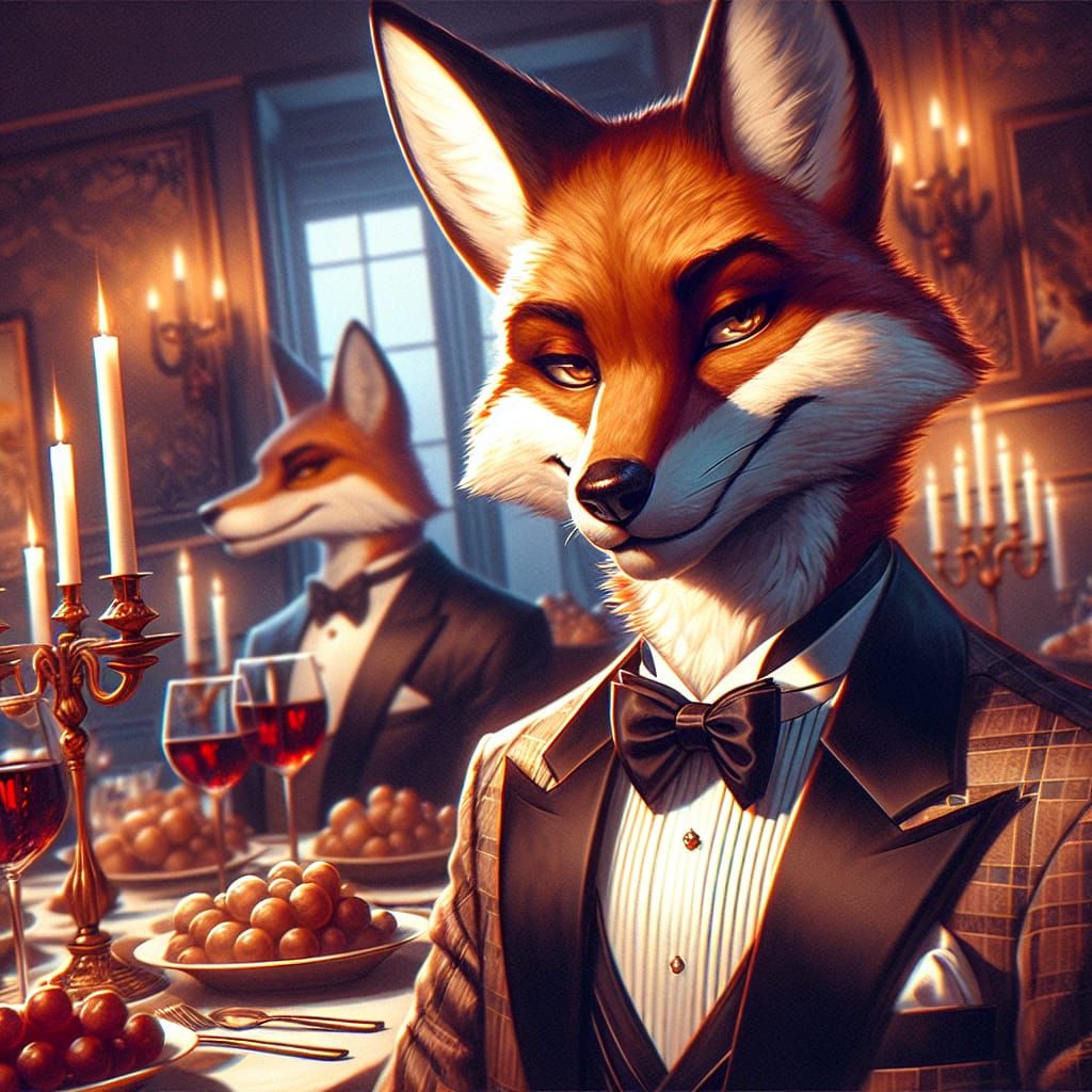 Anthropomorphic Fox in Tuxedo at Sophisticated Dinner Party