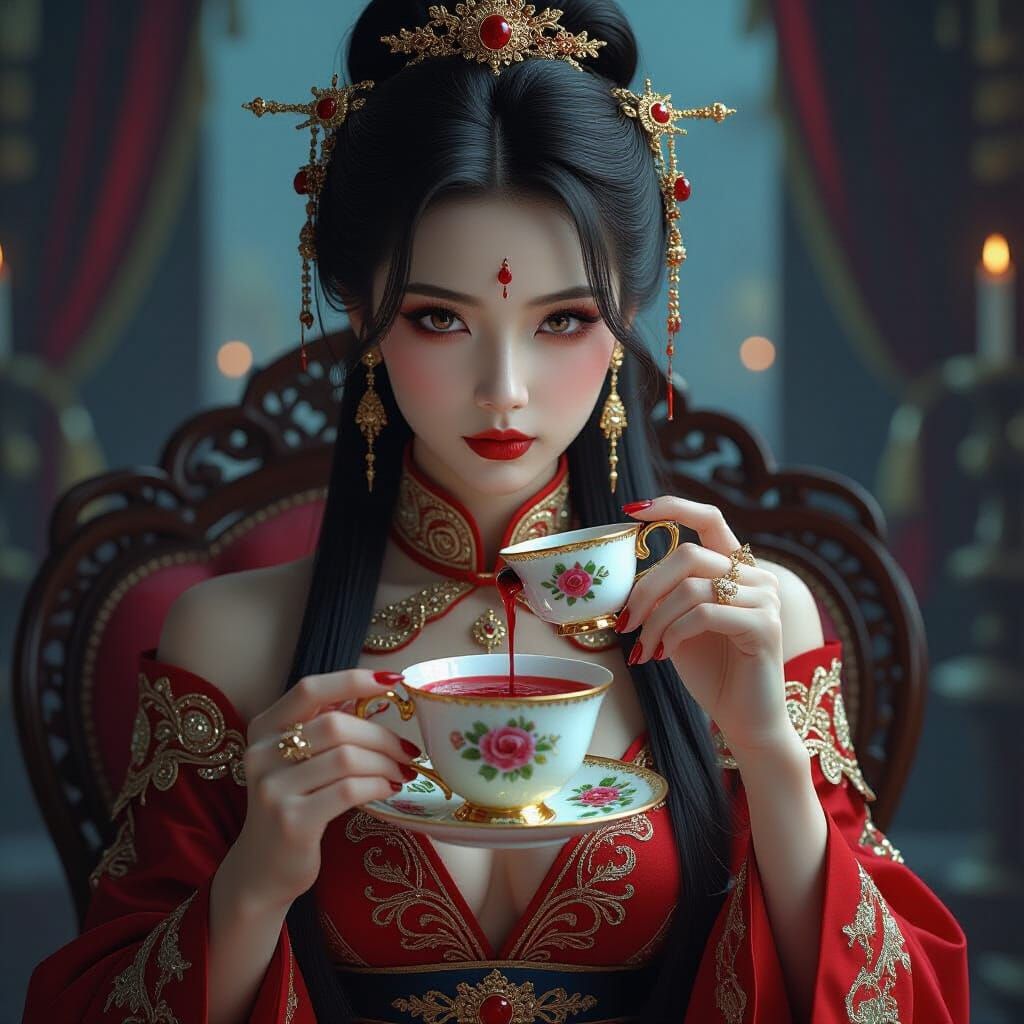 Chinese Vampire in Royal Hanfu with Teacup