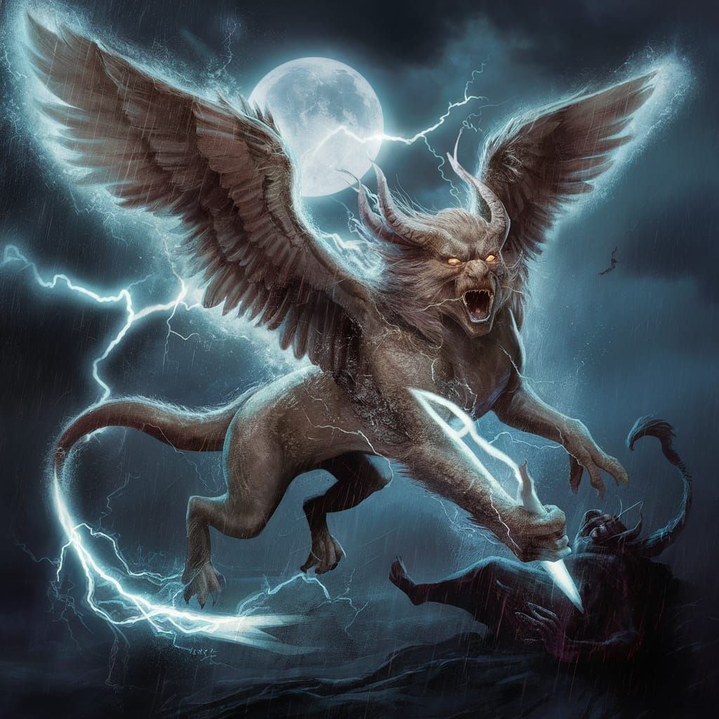 Celestial Battle: Storm Creature vs. Shadowy Figure