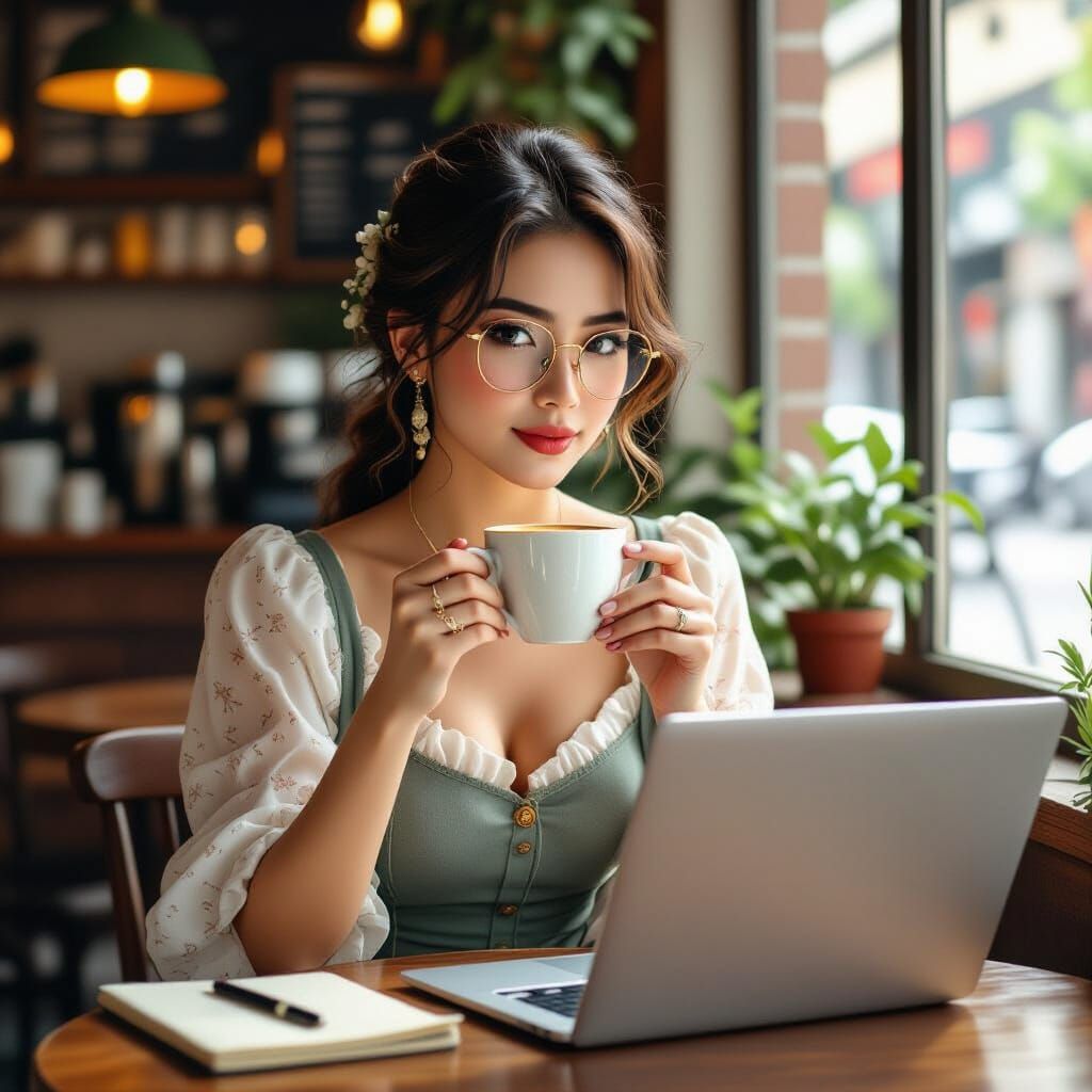 Filipino Woman in Coffee Shop, Art Nouveau Style