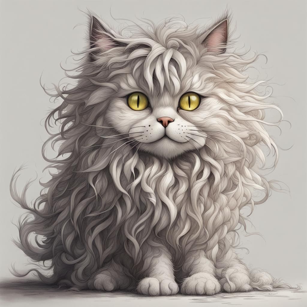 Happy Shaggy Cat Pencil Drawing for Children
