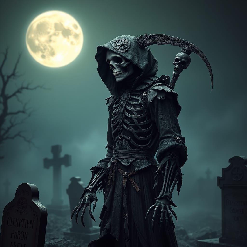 Gothic Grim Reaper in Fog-Shrouded Graveyard