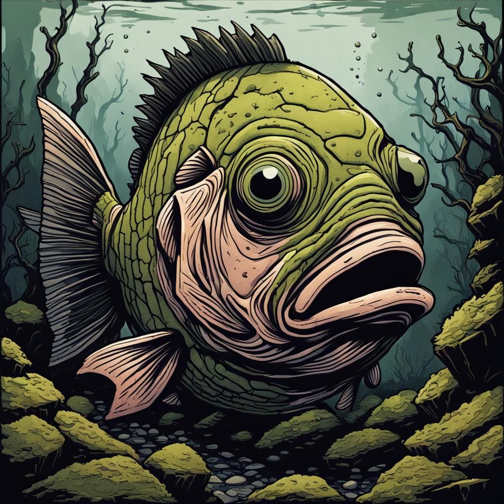 Mossy Stone Fish Portrait in Cell Shading Style