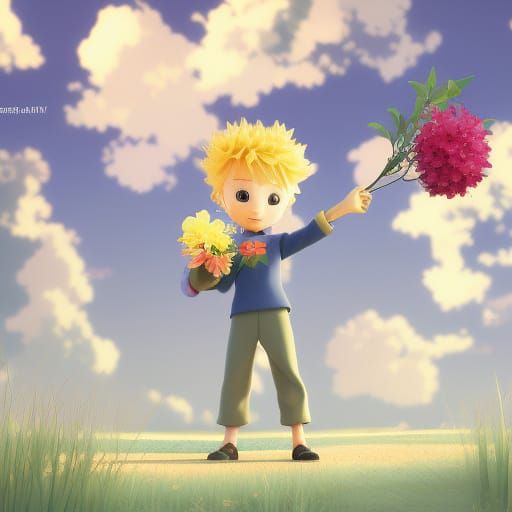 Little Prince Holding Flowers in Anime Style