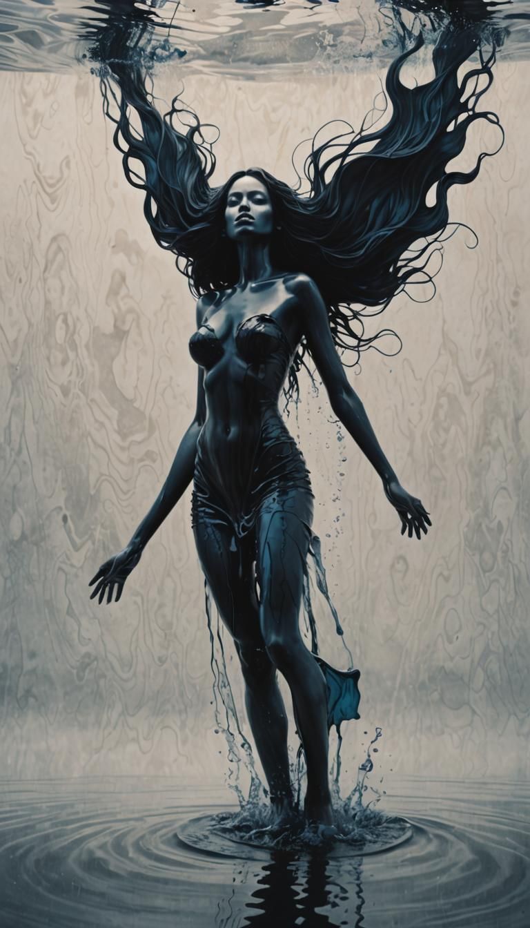 Monochromatic Submerged Woman Illustration in Dark Fantasy S...