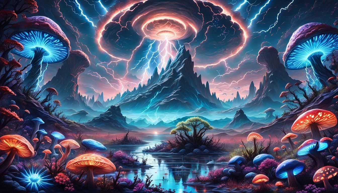 Bioluminescent Alien Landscape with Neon Lightning