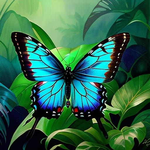 Ethereal Iridescent Butterfly on Tropical Leaf