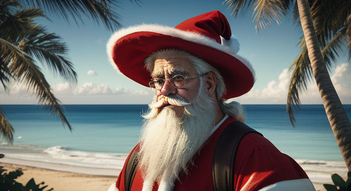 Cinematic Santa Claus on a Deserted Beach at Sunset