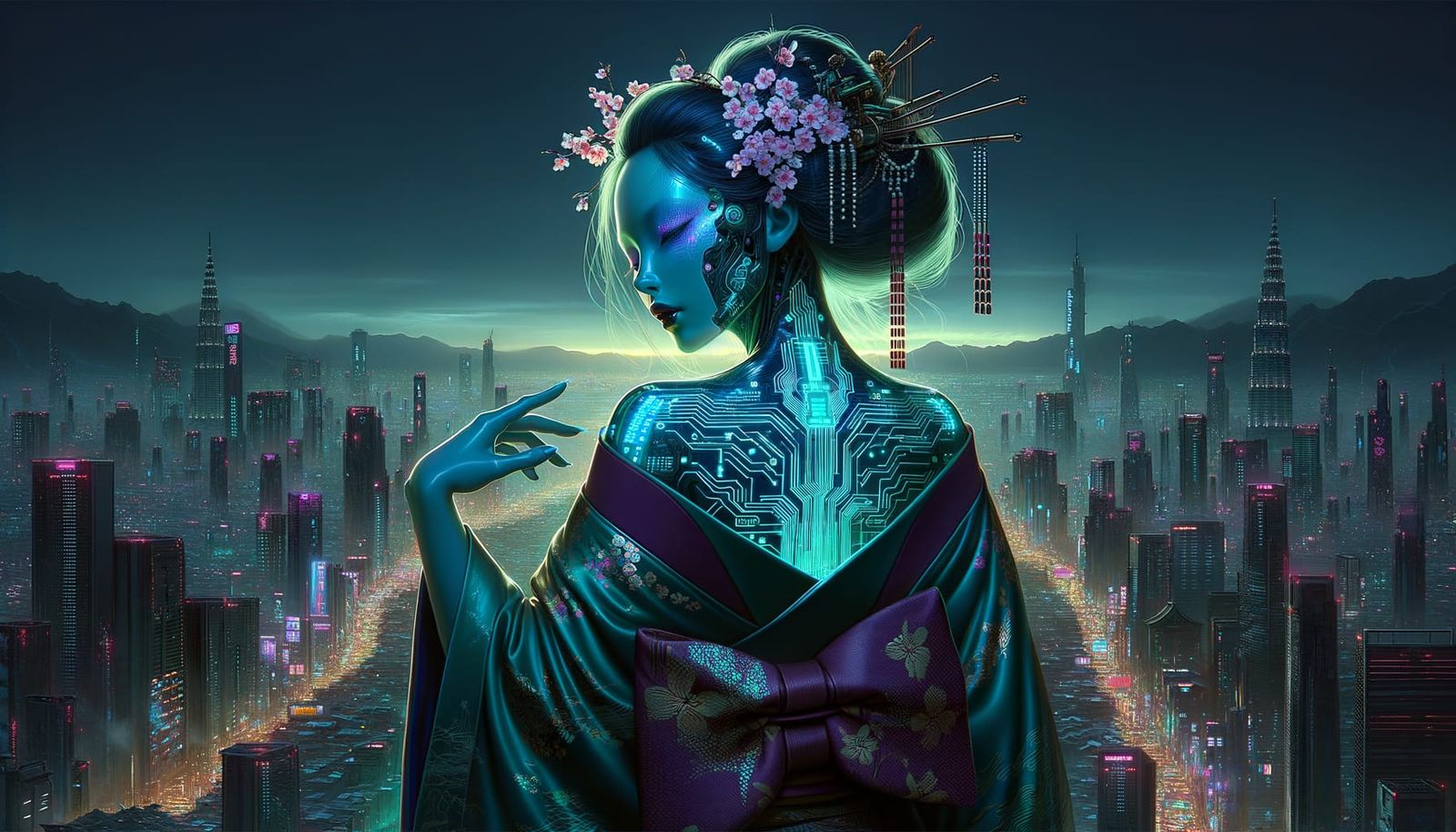 Surreal Geisha in Dark Cyberpunk Landscape