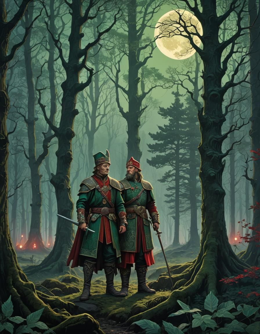 Mystical Elf and Cossack in Moonlit Forest