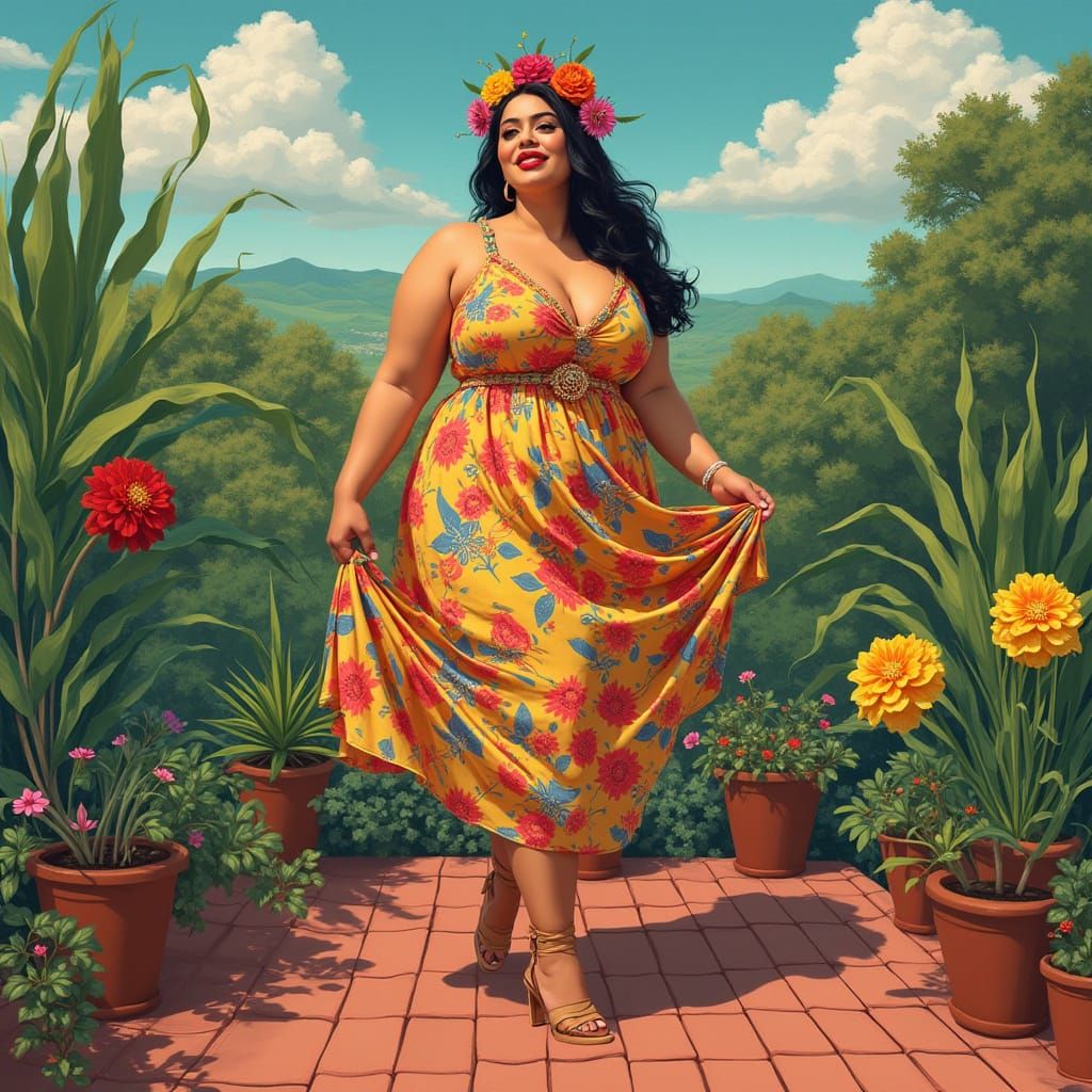 Curvy Woman on Rooftop Garden, Botero Style